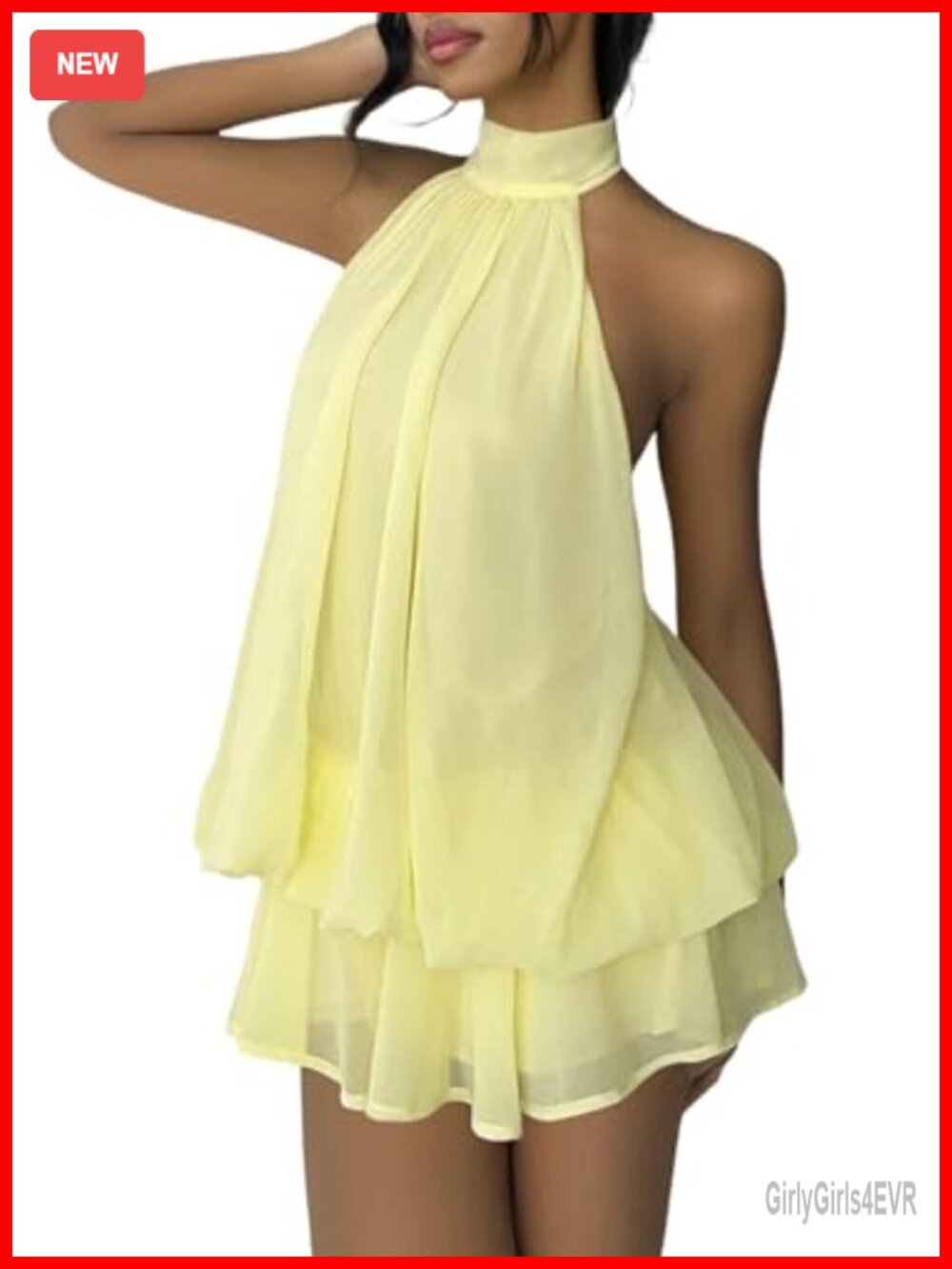 Womens Chiffon Halter Mini Dress Backless Ruffle Hem Sleeveless Party Cocktail